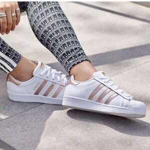 Adidas Superstar Womens White Rose Gold Metallic Shell Toe Sneakers 6.5